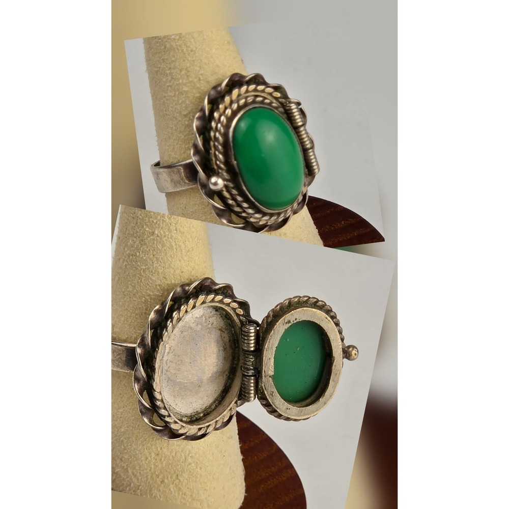 Vintage Mexican 925 Sterling Silver Green Stone Poison Ring Rope Adjustable